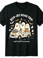 Boo-Jee Road Trip Fancy Ghosts On The Move Cute Ghost Leopard Print Car Coffee Pumpkin Bat Halloween Graphic Women T-Shirt