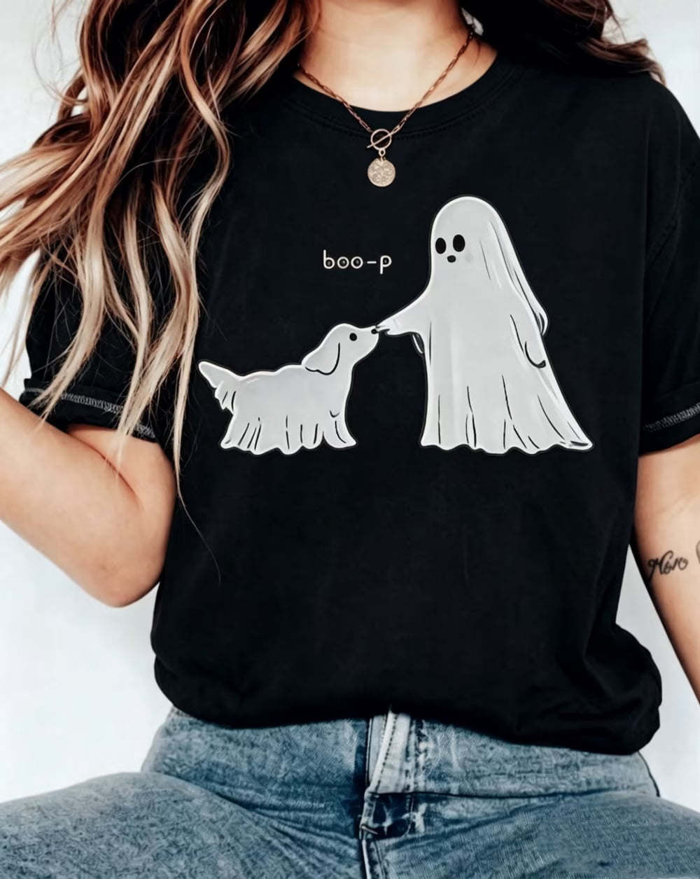 Boo-P Ghost Dog T-Shirt: Funny Halloween Dog Mom Boxy Tee