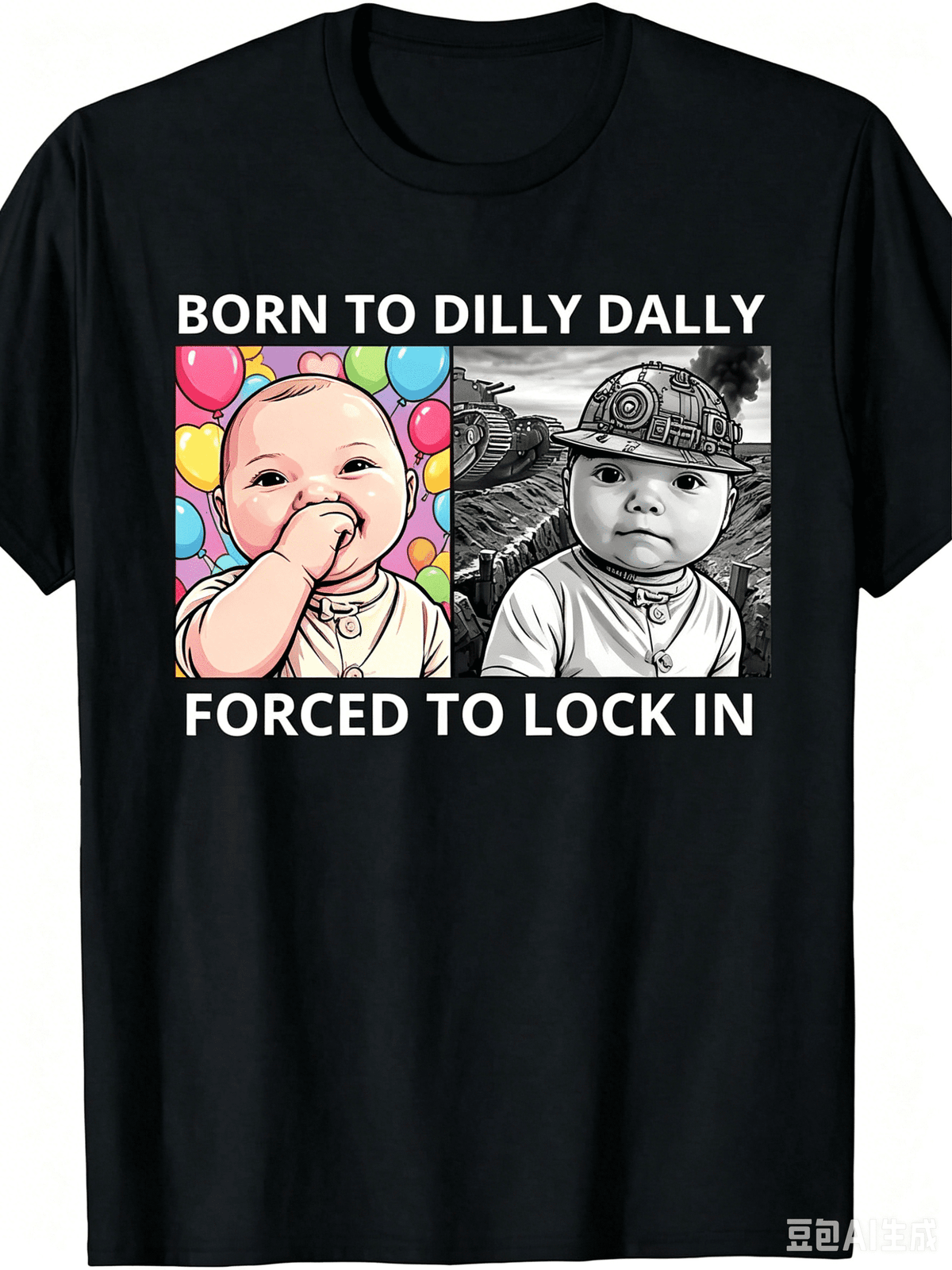 "Born To Dilly Dally Forced To Lock In" Baby Contrast Meme Graphic Tee, Unisex Casual Black Cotton T-shirt