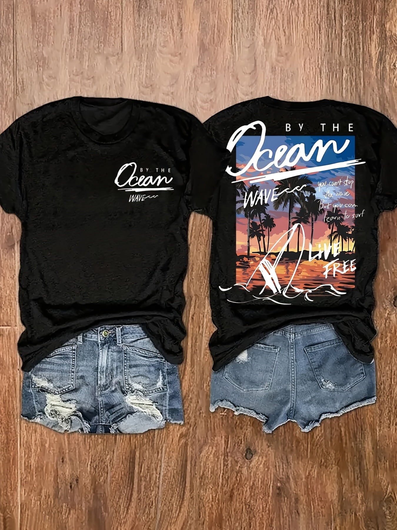 By The Ocean Wave Live Free Sunset Palm Tree Double Sided T-Shirt