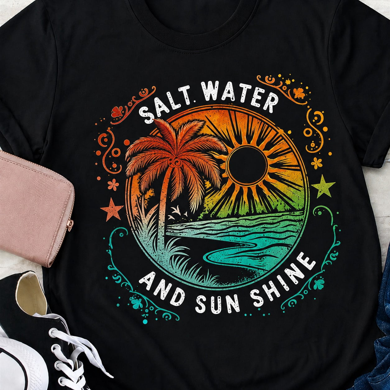 Casual Short Sleeve T-Shirt With 'Salt Water And Sun Shine' Tropical Sunset Print, Regular Fit Round Neck Tee For Summer Beach Vacation