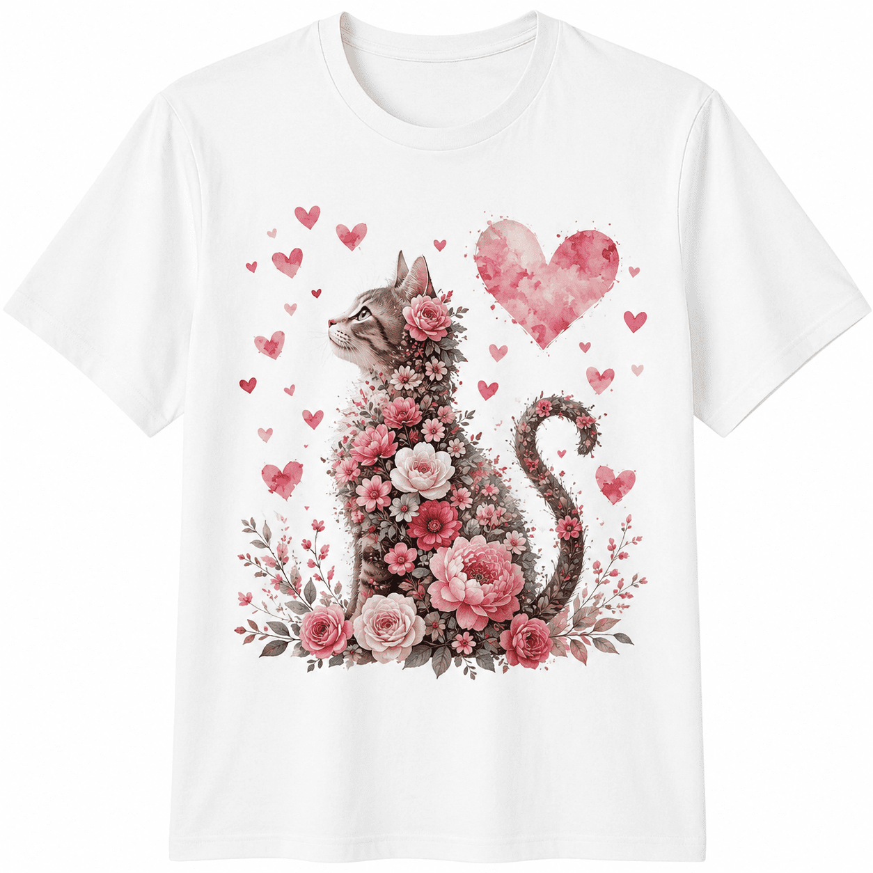 Cat Floral Heart Animals Mens T-Shirt Womens Graphic Tee Feline Lover