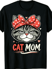 Cat Mom Grumpy Grey Tabby Cat Red Bow Bandana Graphic T-Shirt, Proud Cat Mother Pet Owner Gift Casual Short Sleeve T Shirt