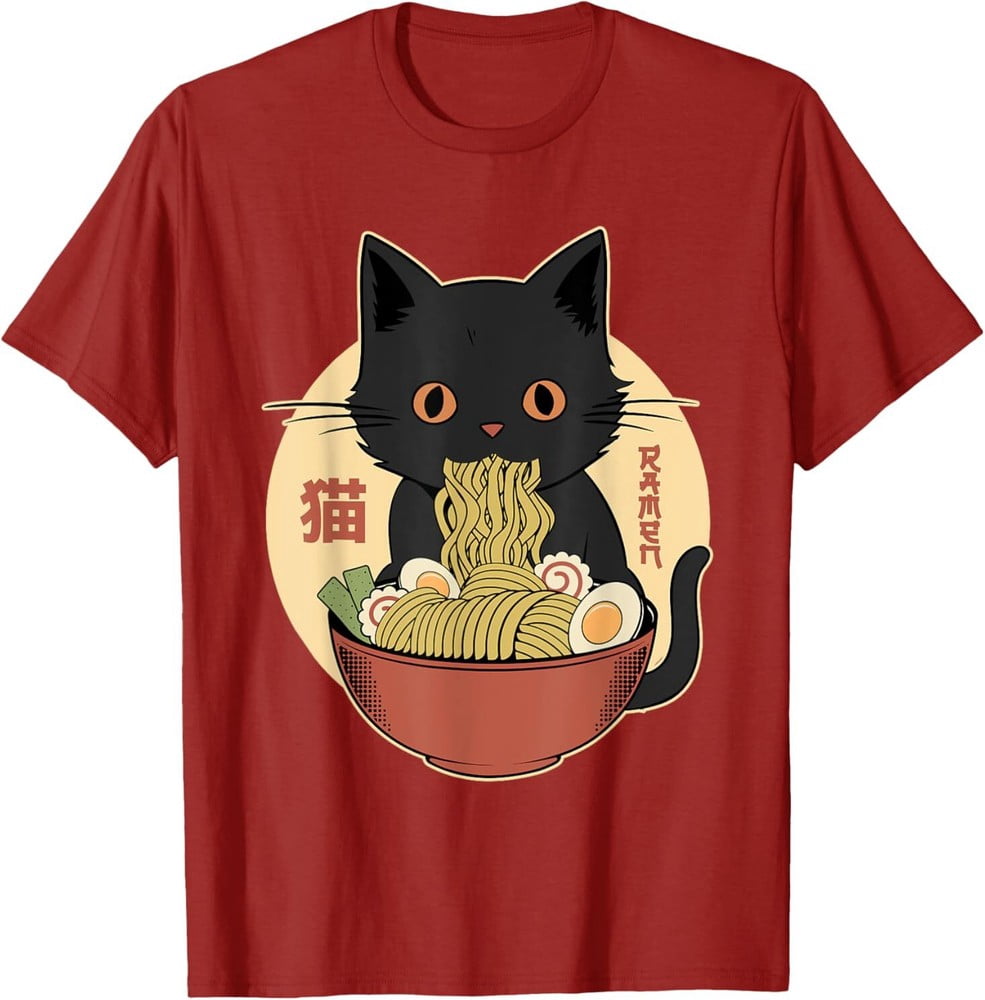 Cat Ramen Funny Graphic Tees Japanese Kawaii Cat Anime T-Shirt