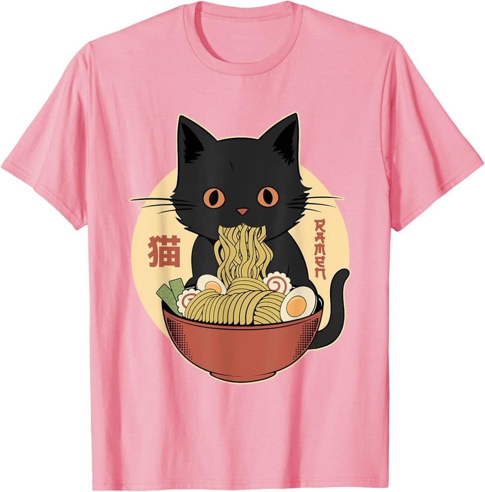 Cat Ramen Funny Graphic Tees Japanese Kawaii Cat Anime T-Shirt