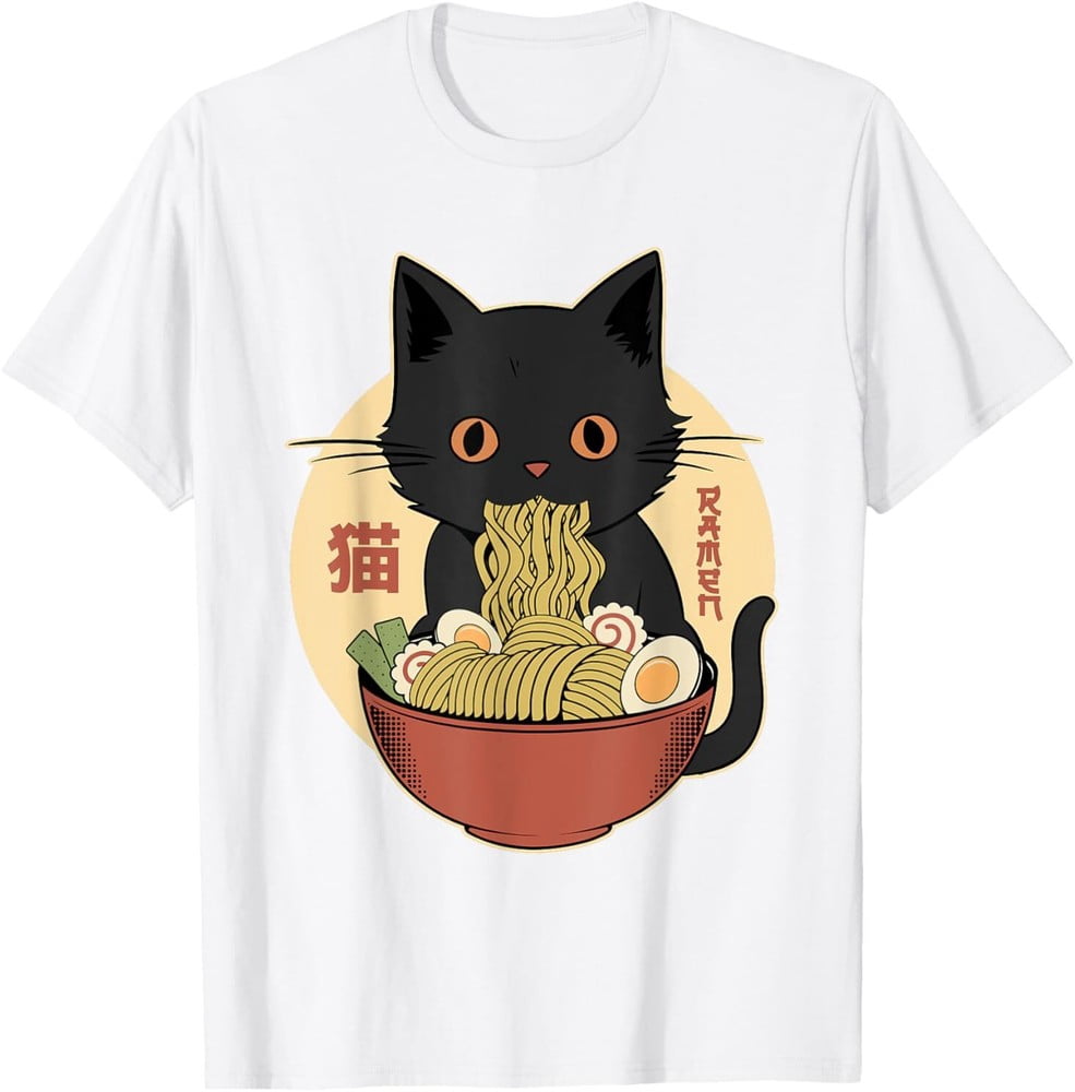 Cat Ramen Funny Graphic Tees Japanese Kawaii Cat Anime T-Shirt