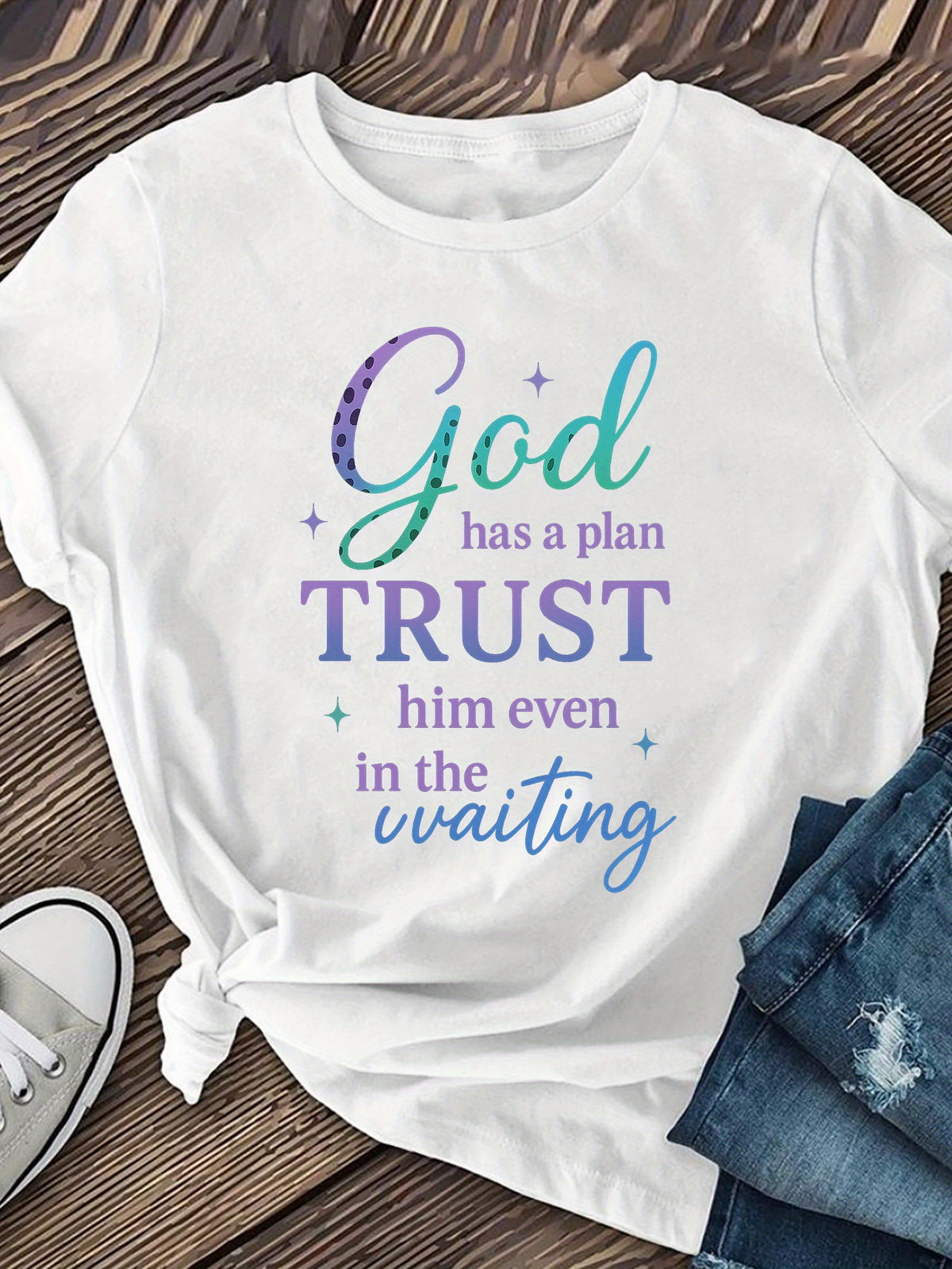 Christian Inspirational God Has A Plan Trust Him Gradient Graphic T-Shirt Women, Faith Religious Short Sleeve Casual Bible Verse Tee