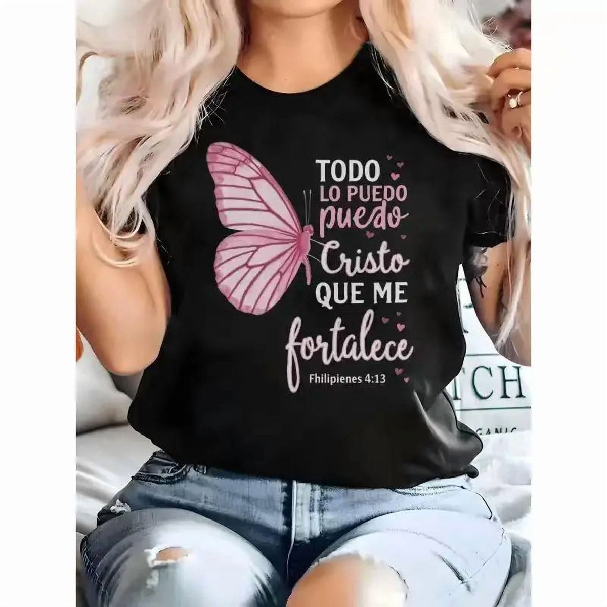 Christian Philippians 4:13 T-Shirt – Spanish Bible Verse Cotton Tee with Butterfly Design