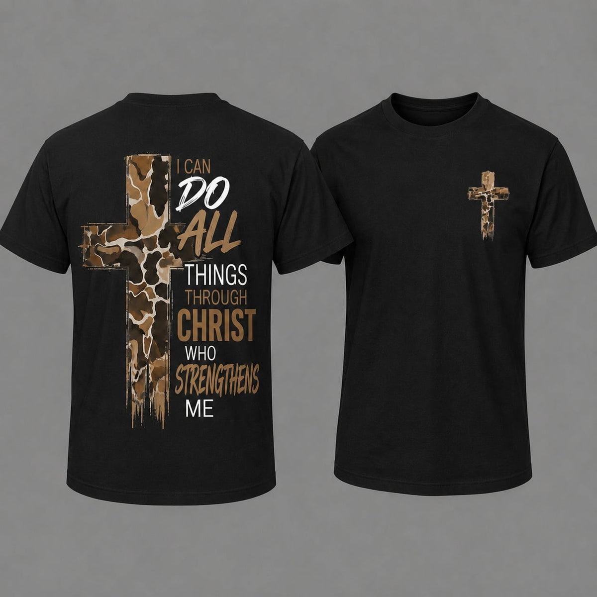 Christian T-Shirt, Camo Cross Design With Philippians 4:13 Verse, Perfect For Faithful Believers And Outdoorsmen