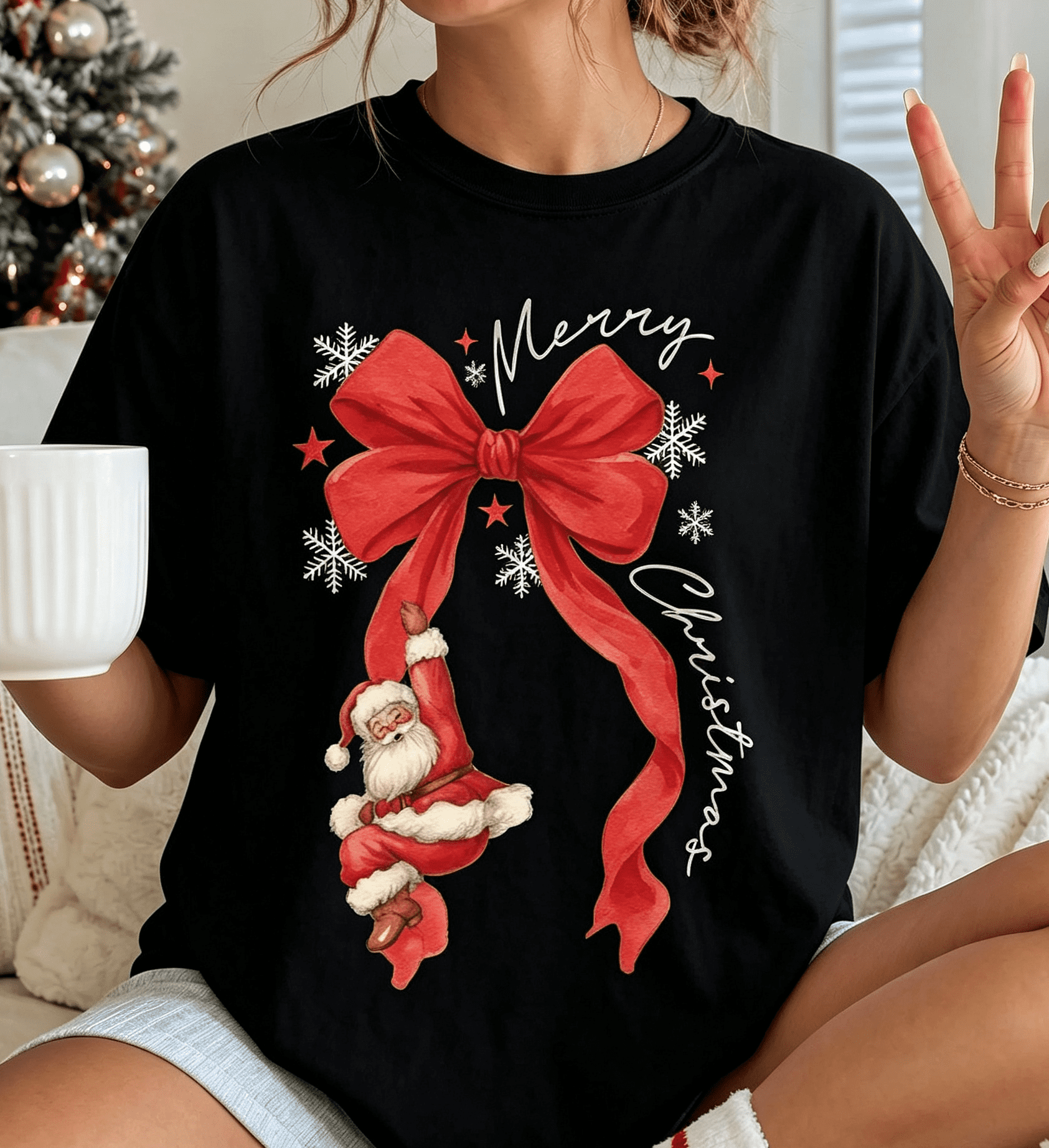 Christmas Santa T-shirt, Bow Christmas Shirt, Merry Santa Claus Women Tshirts Casual Short Sleeve，Christmas Gift Shirt