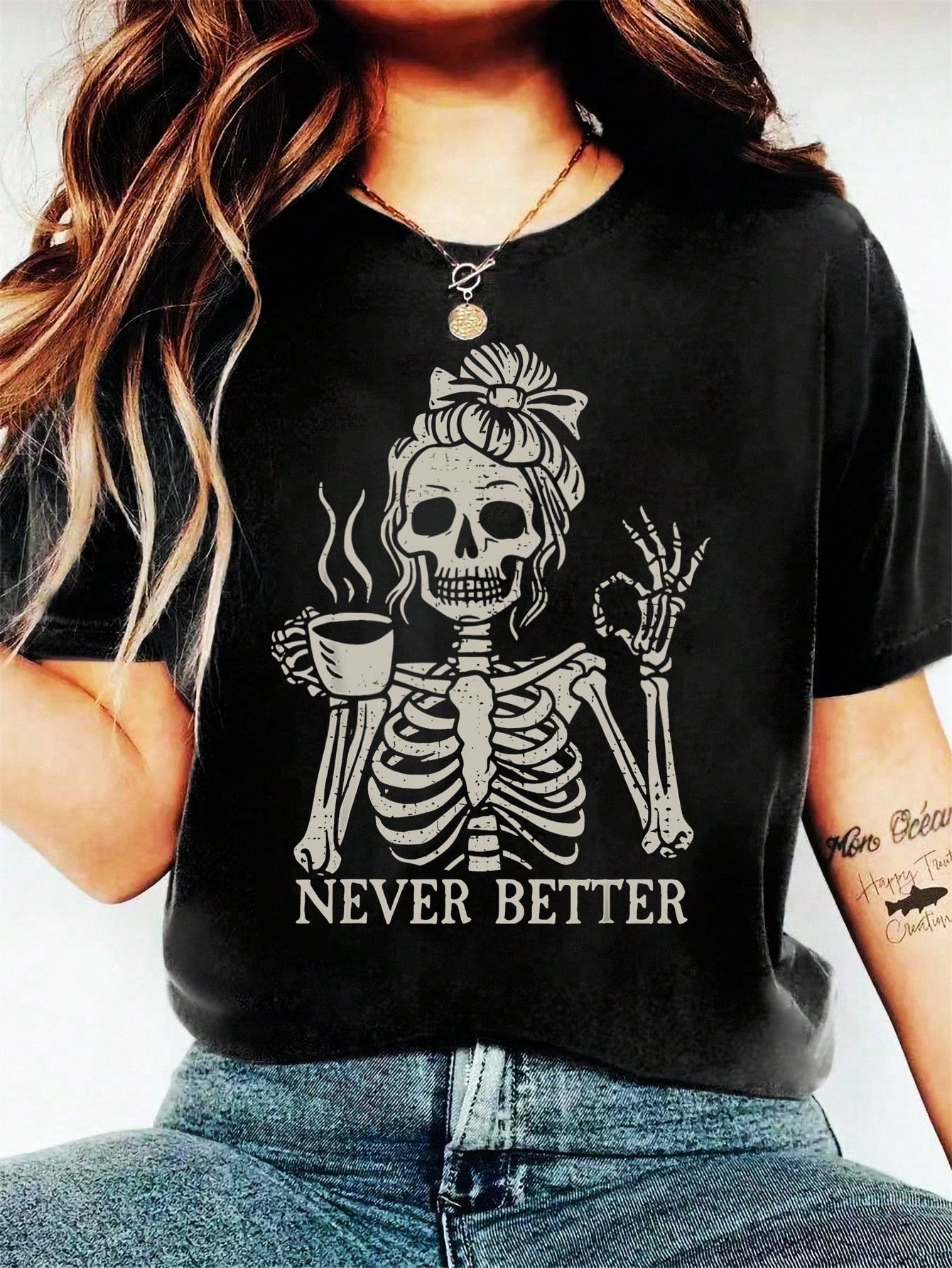 Coffee Skull Girl Letter Slogan Round Neck Short Sleeve Fashionable Plus Size Women T-Shirt