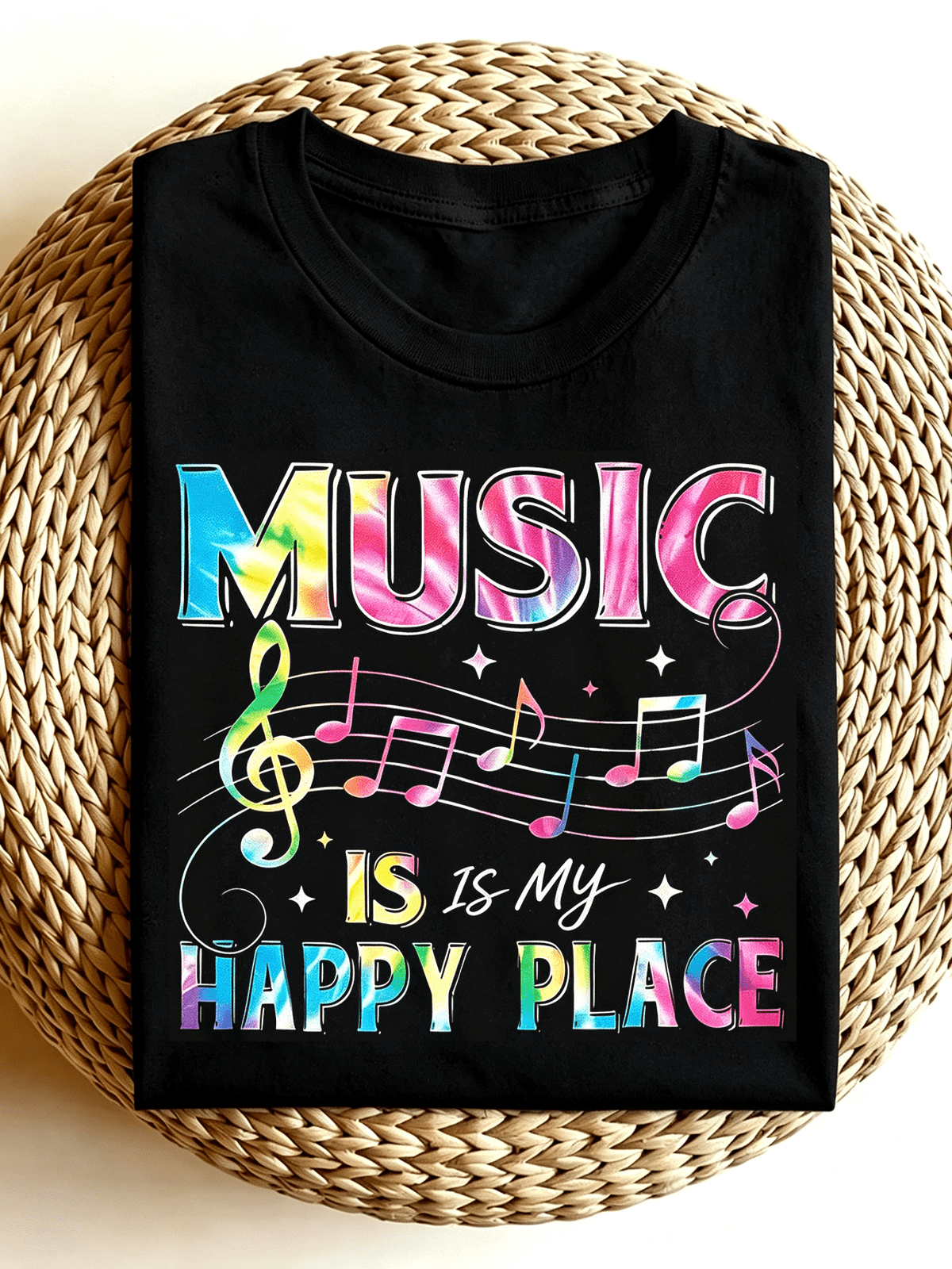Colorful Tie Dye Music Note Graphic T Shirt Music Is My Happy Place Music Lover Casual Short Sleeve Tee Men Women