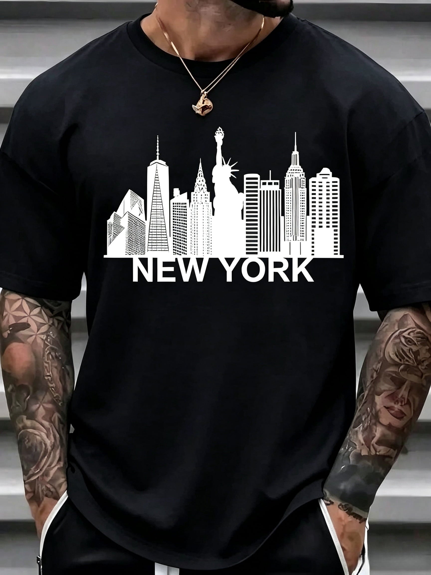 [Cotton Cityscape Print Tee] Breathable Cotton New York Cityscape Print Men's T-Shirt - Casual Crew Neck, Short Sleeve, Machine Washable