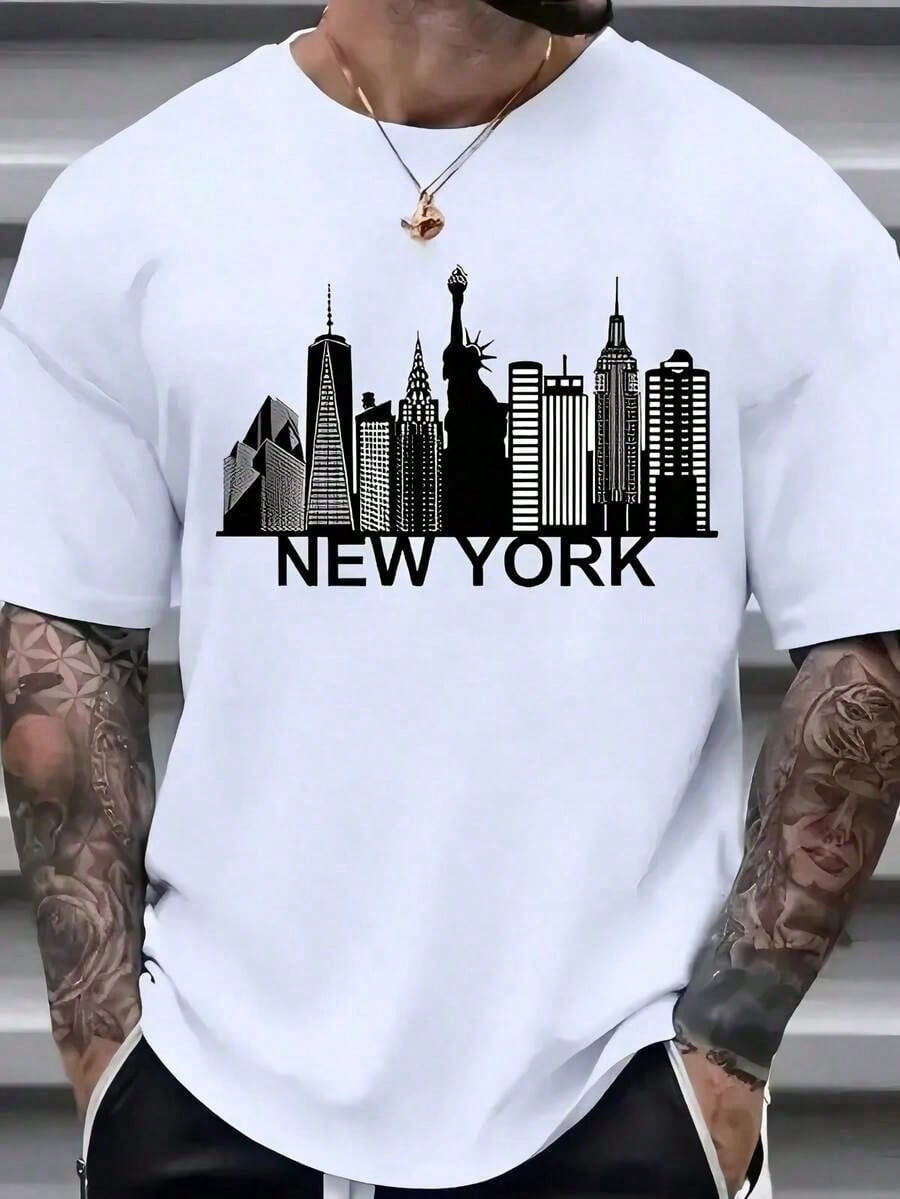 [Cotton Cityscape Print Tee] Breathable Cotton New York Cityscape Print Men's T-Shirt - Casual Crew Neck, Short Sleeve, Machine Washable