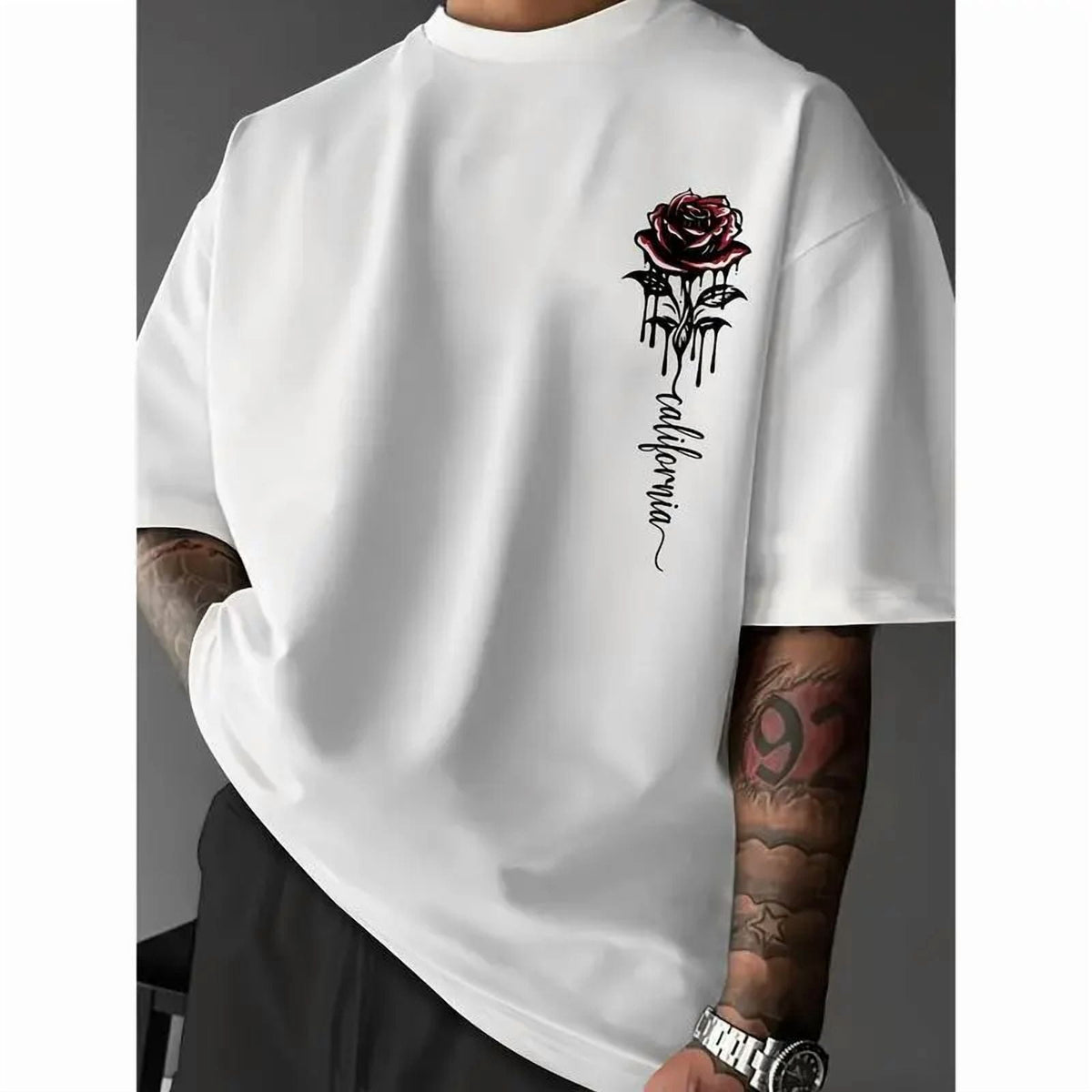Cotton short sleeve T-shirt comfortable loose fit men's casual rose print T-shirt-crew neck