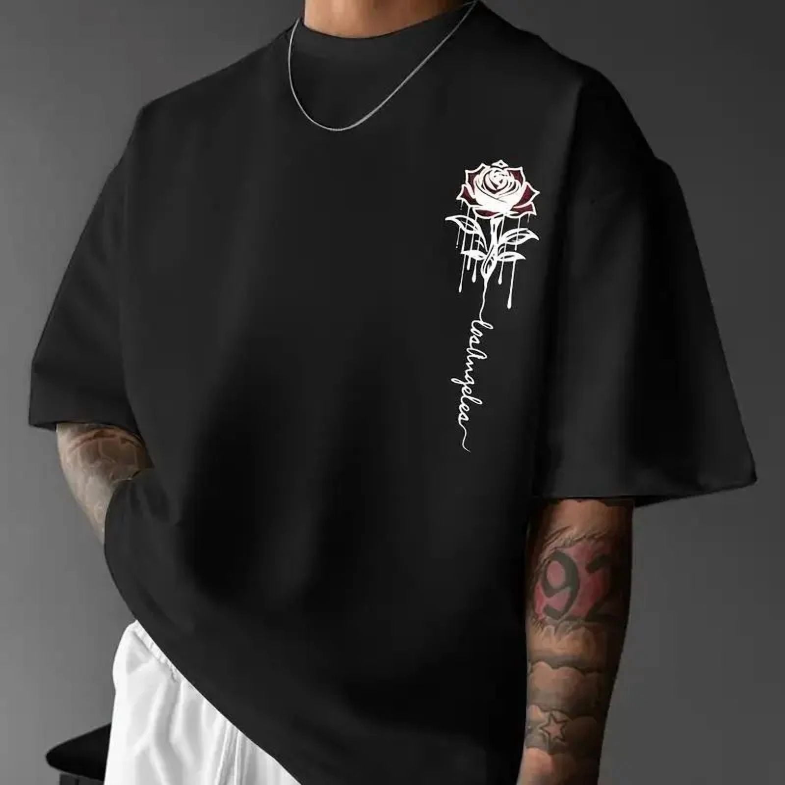 Cotton short sleeve T-shirt comfortable loose fit men's casual rose print T-shirt-crew neck
