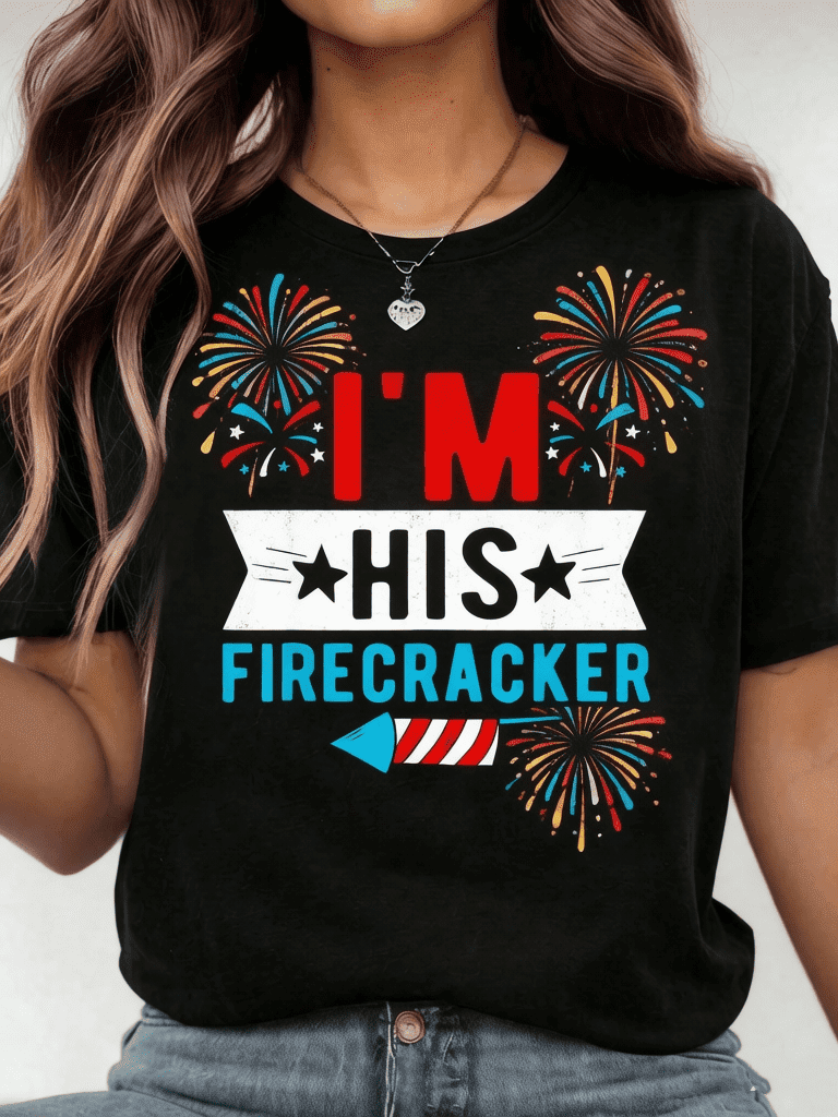 Couple Matching 4th of July T-Shirts, I'm His Firecracker Funny Patriotic Graphic Tees, 100% Cotton Casual Crew Neck Tops for Men Women