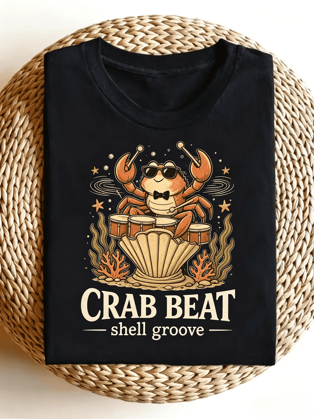 Crab Beat Shell Groove Graphic T-Shirt Retro Cartoon Cool Crab Playing Drums Underwater Coral Seaweed Funny Ocean Marine Music Casual Short Sleeve Tee