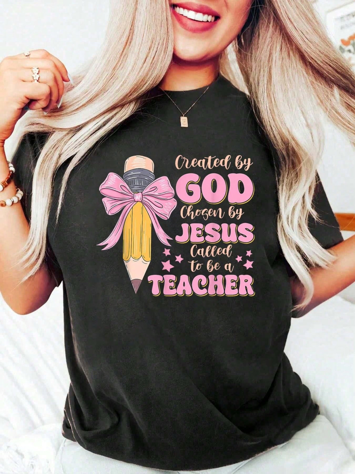 Created By God Called To Teacher - Jesus Christian Teacher T-Shirt Cotton Graphic Tee For Women, Round Neck Short Sleeve Casual Tops