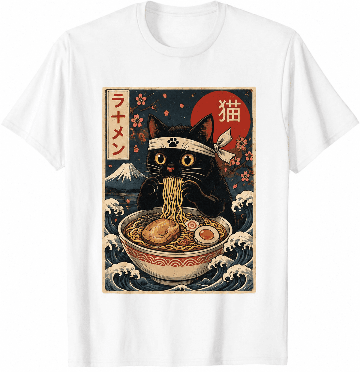 Cute Black Cat Ramen T Shirt for Men Women, Japanese Ukiyoe Style Cat Noodle Graphic Tee, Vintage Wave Print Casual Short Sleeve Shirt