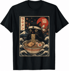 Cute Black Cat Ramen T Shirt for Men Women, Japanese Ukiyoe Style Cat Noodle Graphic Tee, Vintage Wave Print Casual Short Sleeve Shirt