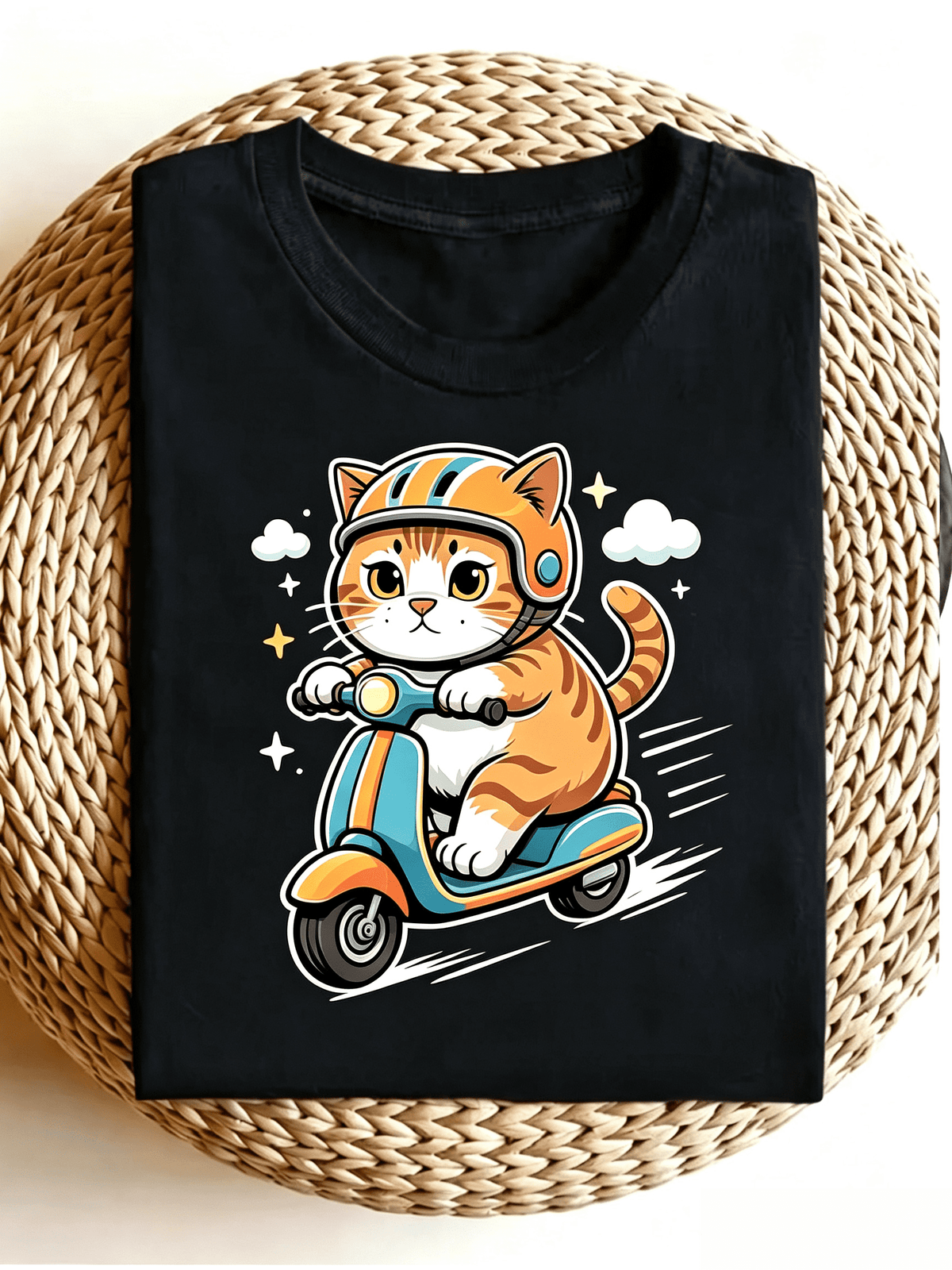 Cute Cat Graphic T-Shirt for Women Men, Cartoon Cat Riding Scooter Print Tee, Funny Animal Short Sleeve Crew Neck Casual Shirt
