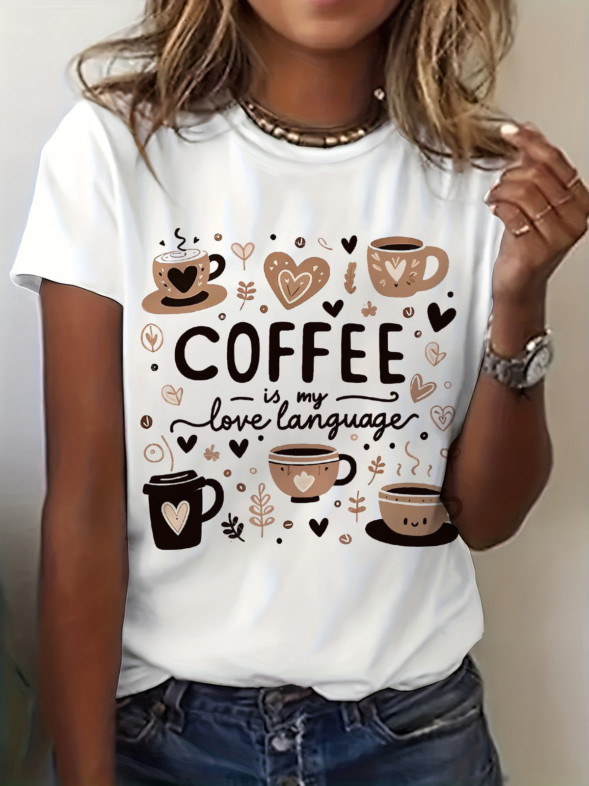 Cute Coffee Graphic Print T-Shirt, Short Sleeve Crew Neck Casual Top for Summer And Spring, Women'S Clothing