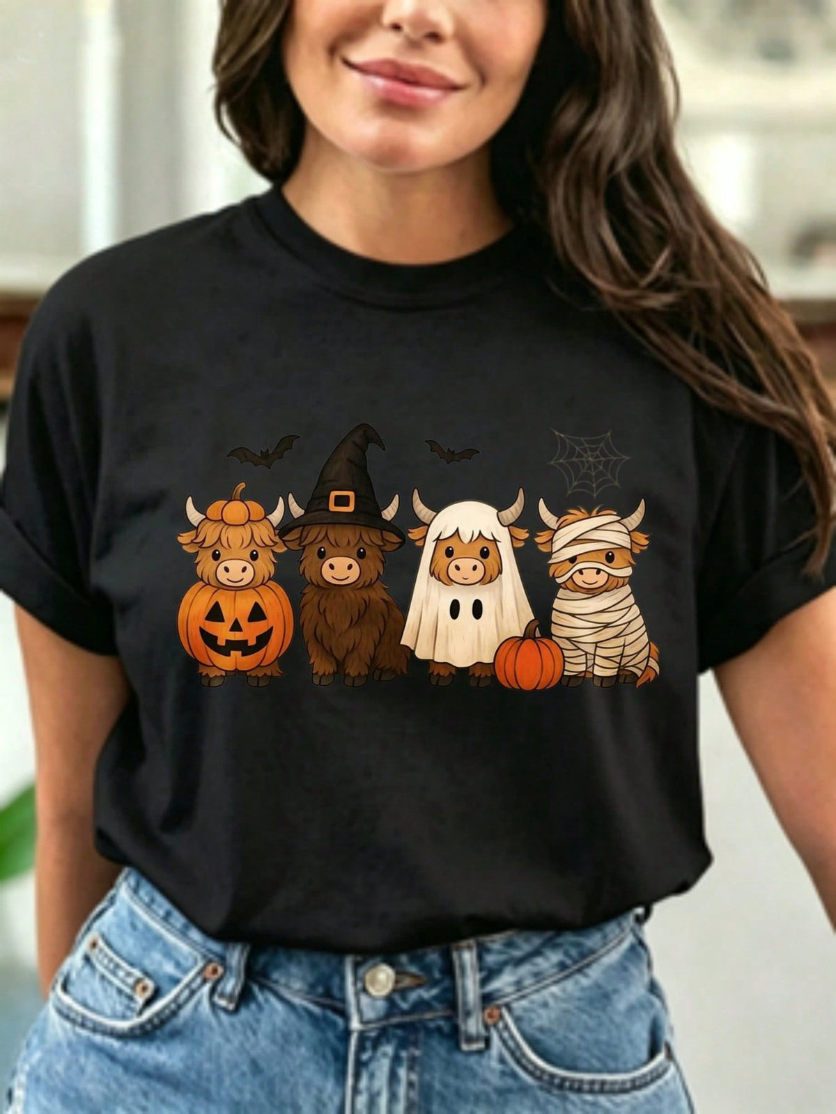 Cute Halloween Highland Cow Pumpkin Witch Ghost Bat Spider Web Print, Short Sleeve Crew Neck Casual T Shirt