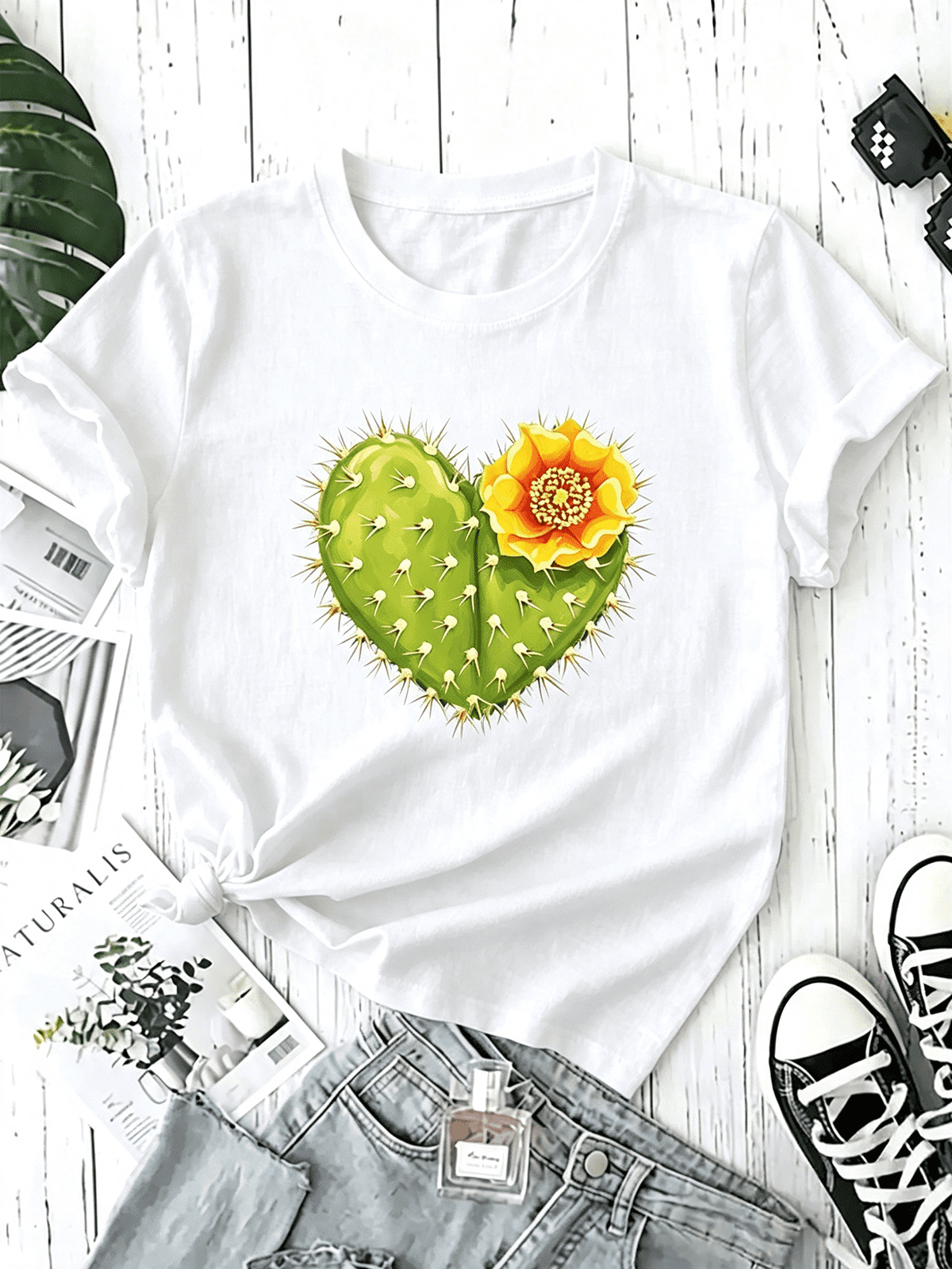 Cute Heart Cactus Yellow Flower Graphic T-Shirt Women, Western Desert Plant Lovers Casual Short Sleeve Tee Botanical Nature Top
