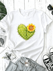 Cute Heart Cactus Yellow Flower Graphic T-Shirt Women, Western Desert Plant Lovers Casual Short Sleeve Tee Botanical Nature Top