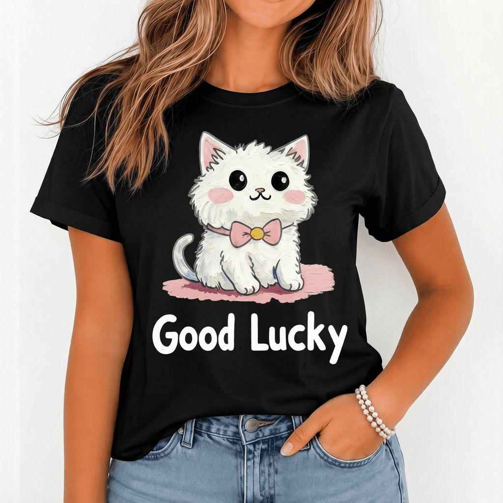Cute Kawaii White Kitten with Pink Bow Graphic Tee – “Good Lucky” Funny Cat T-Shirt for Women & Girls – Soft Cotton Short Sleeve Casual Top – Perfect Gift for Cat Lovers