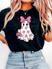 Cute Lace Ghost, Playful Halloween Pink Bow Ghost Girl Pumpkin Ghost Pattern T-Shirt
