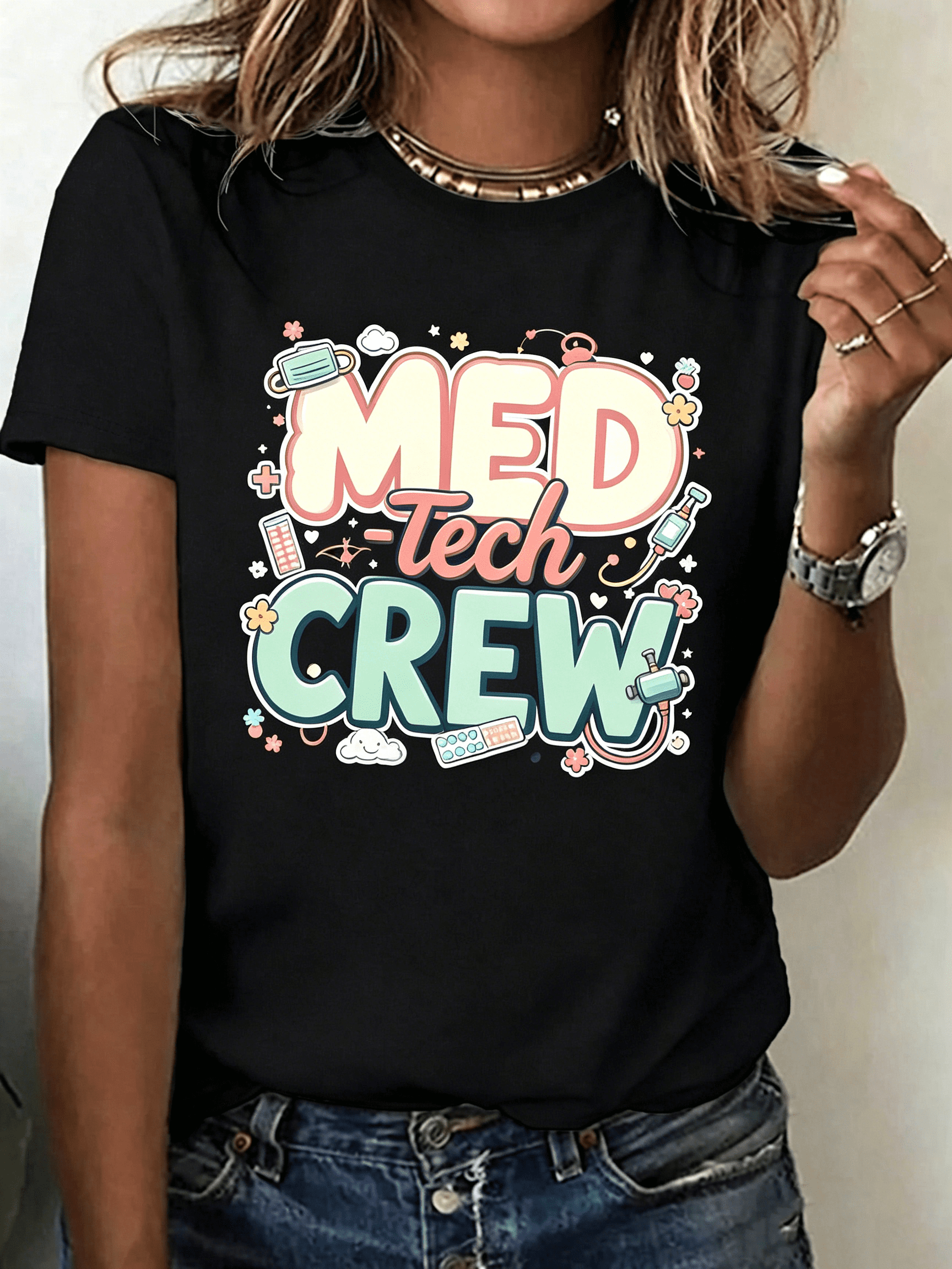 “Cute Med Tech Crew” Cartoon Graphic T-Shirt – Funny Medical Laboratory Tee for Women, Lab Week Casual Top