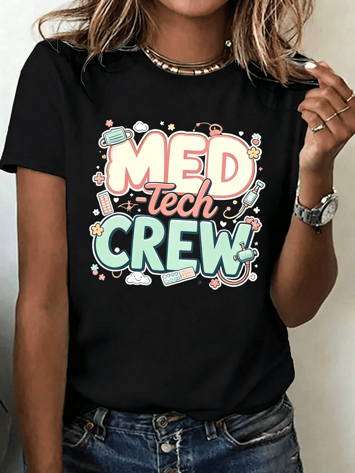 “Cute Med Tech Crew” Cartoon Graphic T-Shirt – Funny Medical Laboratory Tee for Women, Lab Week Casual Top