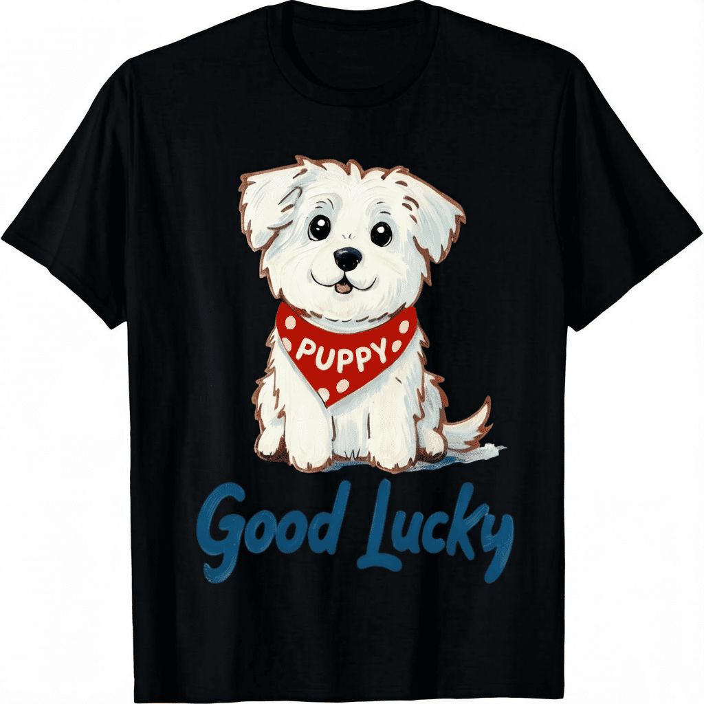 Cute Puppy "Good Lucky" Cotton T-Shirt Dog Lover Funny Tee Adult Unisex