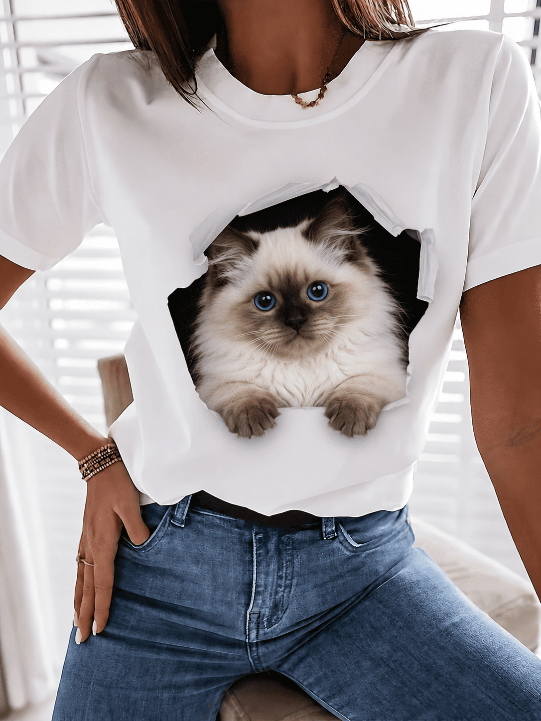 Cute Ragdoll Cat Peeking Through Ripped Shirt Graphic T-Shirt Funny Pet Lover Tee