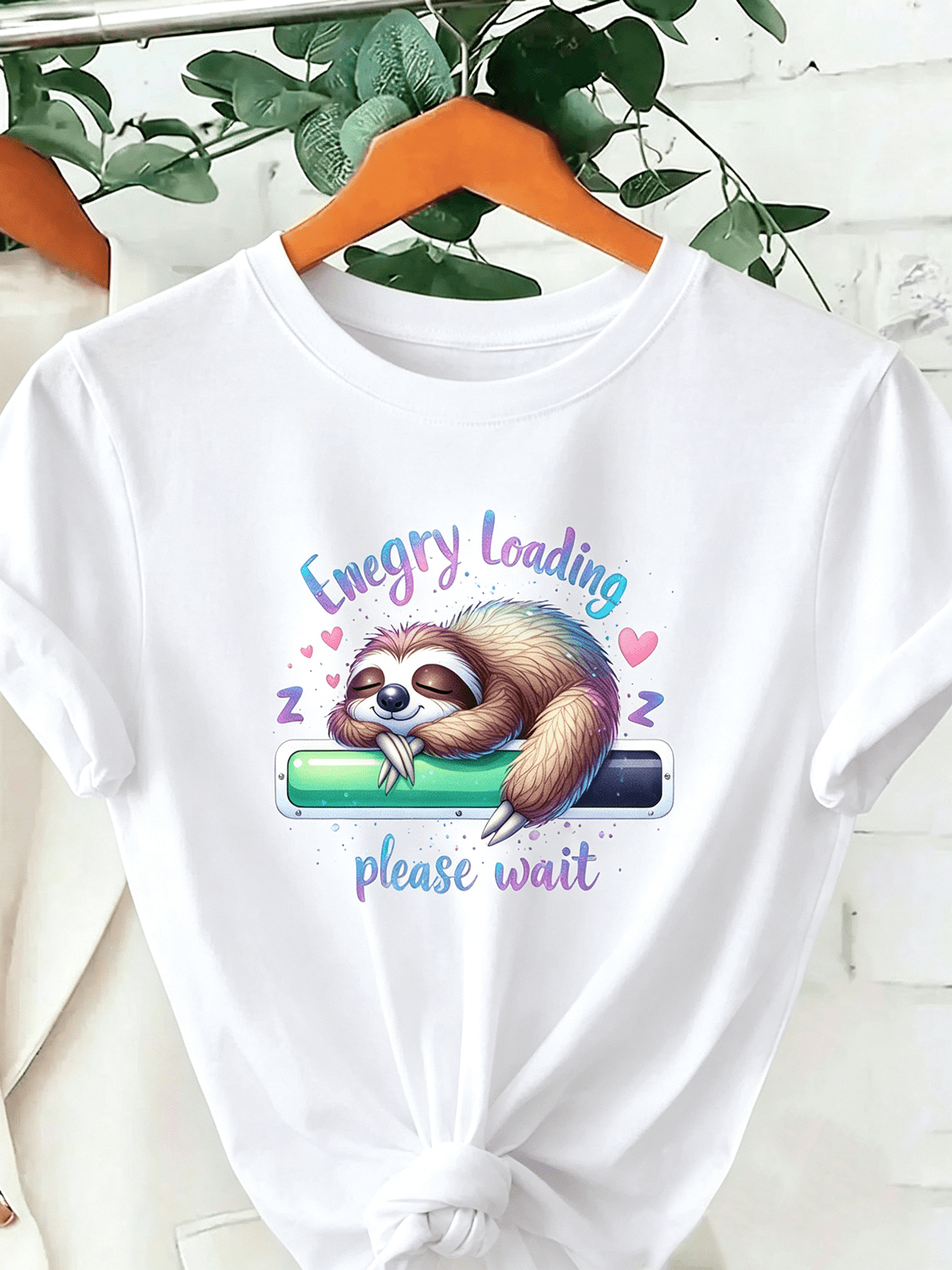 Cute Sleepy Sloth Energy Loading Funny Lazy Mood Women’s Graphic Short Sleeve T-Shirt