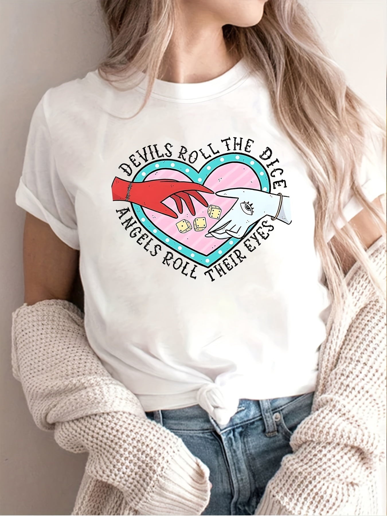 Devils Roll The Dice Angels Fun Letter Pattern Print T-Shirt Short Sleeve Women'S Round Neck Top