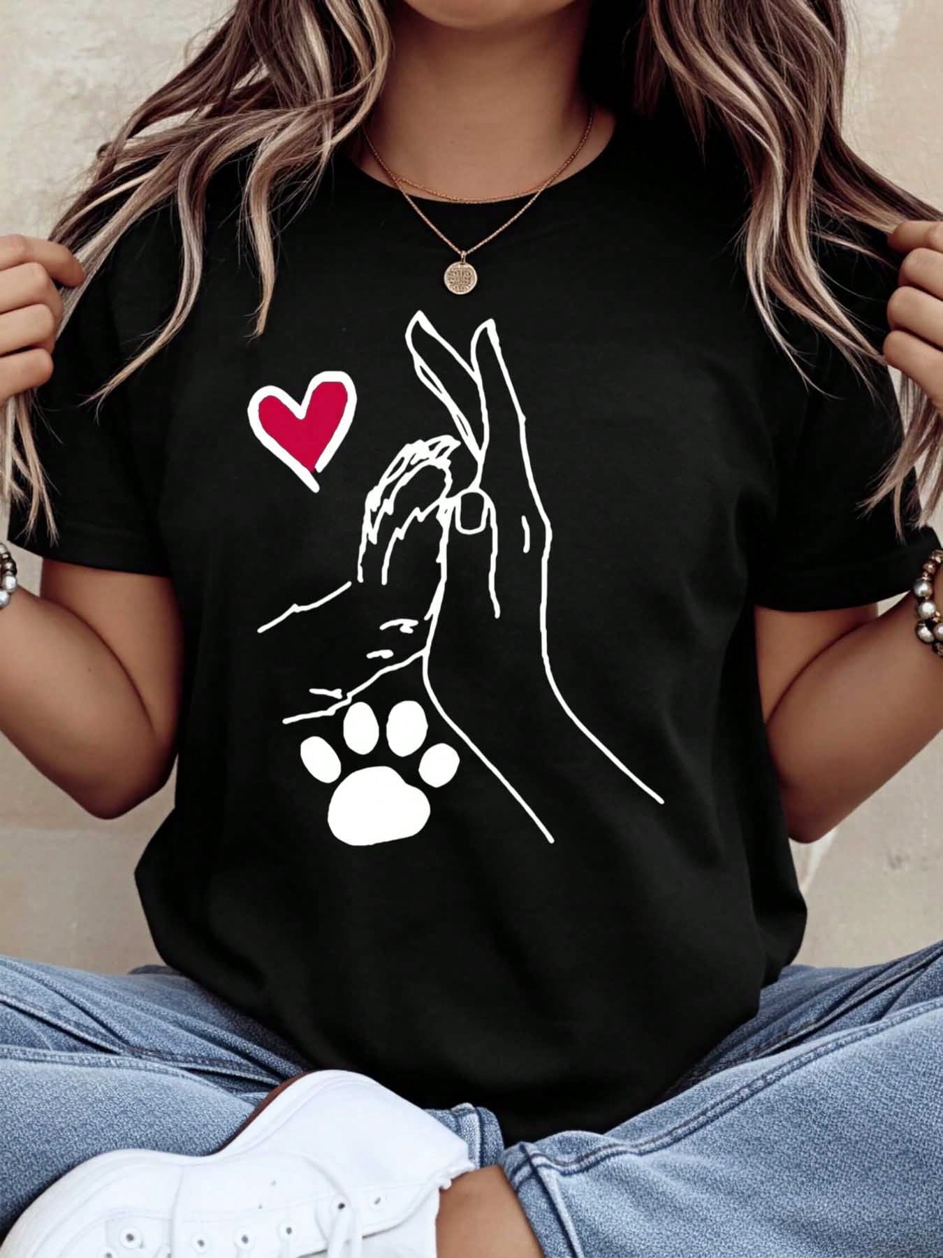 Dog Paw And Human Hand Heart Love T Shirt For Pet Lovers Animal Rescue Awareness Gift For Dog Owners Cute Dog Lover Tee Women Men Unisex Casual Wear
