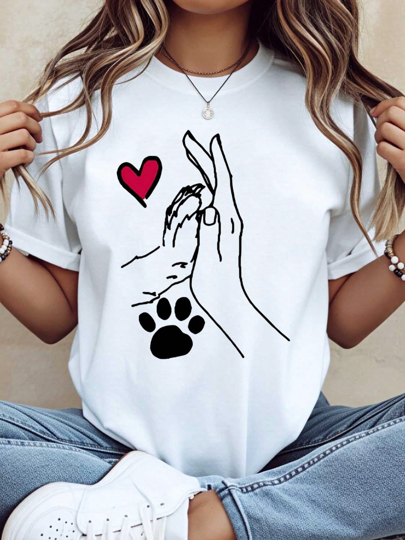Dog Paw And Human Hand Heart Love T Shirt For Pet Lovers Animal Rescue Awareness Gift For Dog Owners Cute Dog Lover Tee Women Men Unisex Casual Wear