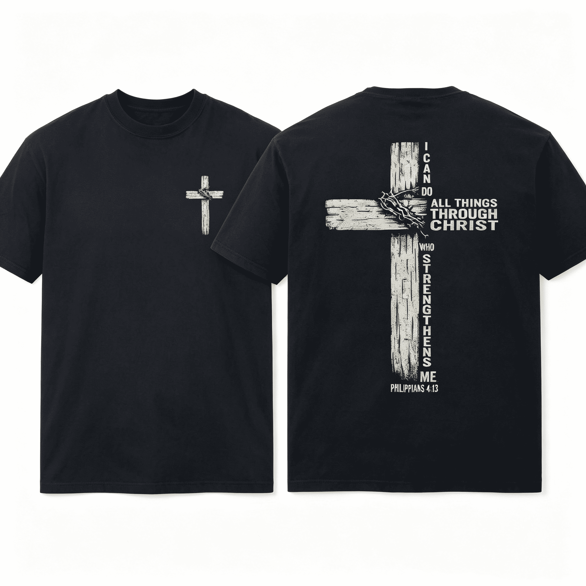 I Can Do All Things Through Christ Philippians 4:13 Wooden Cross Thorns Front Back Print Christian Faith Unisex T-Shirt