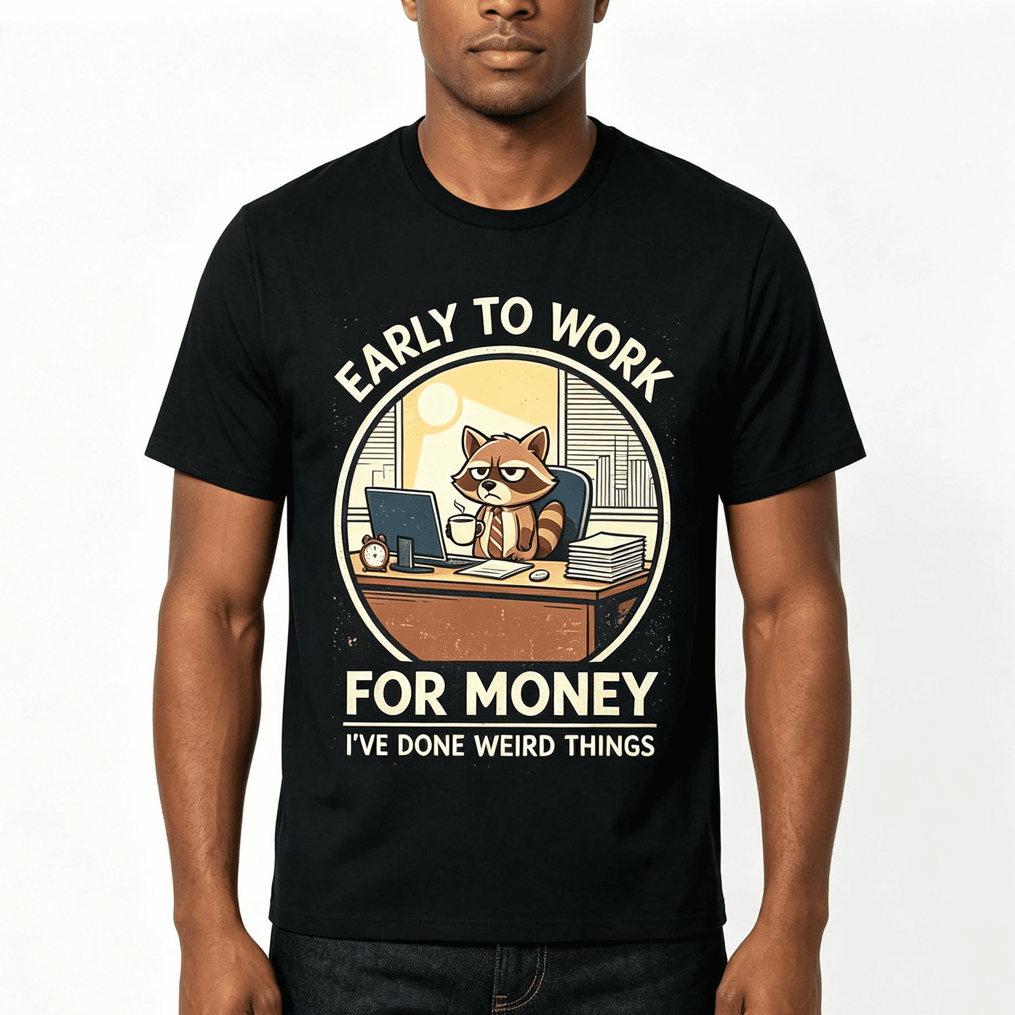 “Early To Work For Money” Raccoon Office T-Shirt – Funny Sarcastic Work Humor Graphic Tee for Men Women, Casual Summer Top