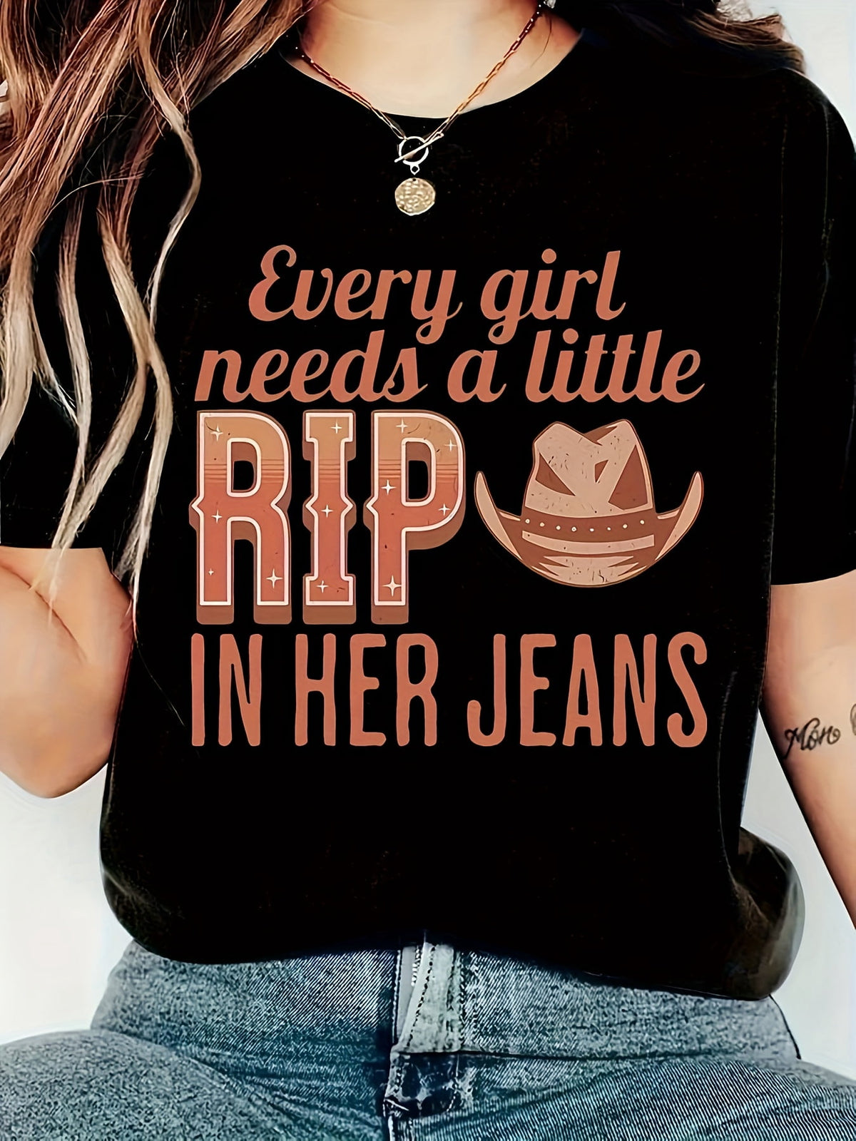 "Every girl needs a little rip in her jeans" Graphic Print T-Shirt – Casual Crew Neck Design
