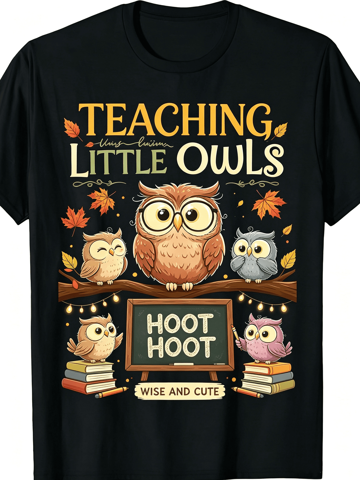 Fall Back To School Cute Owl Family Branch String Lights Autumn Teacher Novelty Casual Tee