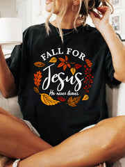 Fall For Jesus He Never Leaves Pumpkin Autumn Thanksgiving T-Shirt Print T-Shirt Casual Crew Neck Short Sleeve Comfort Tee Top For Spring & Summer Women's Clothing