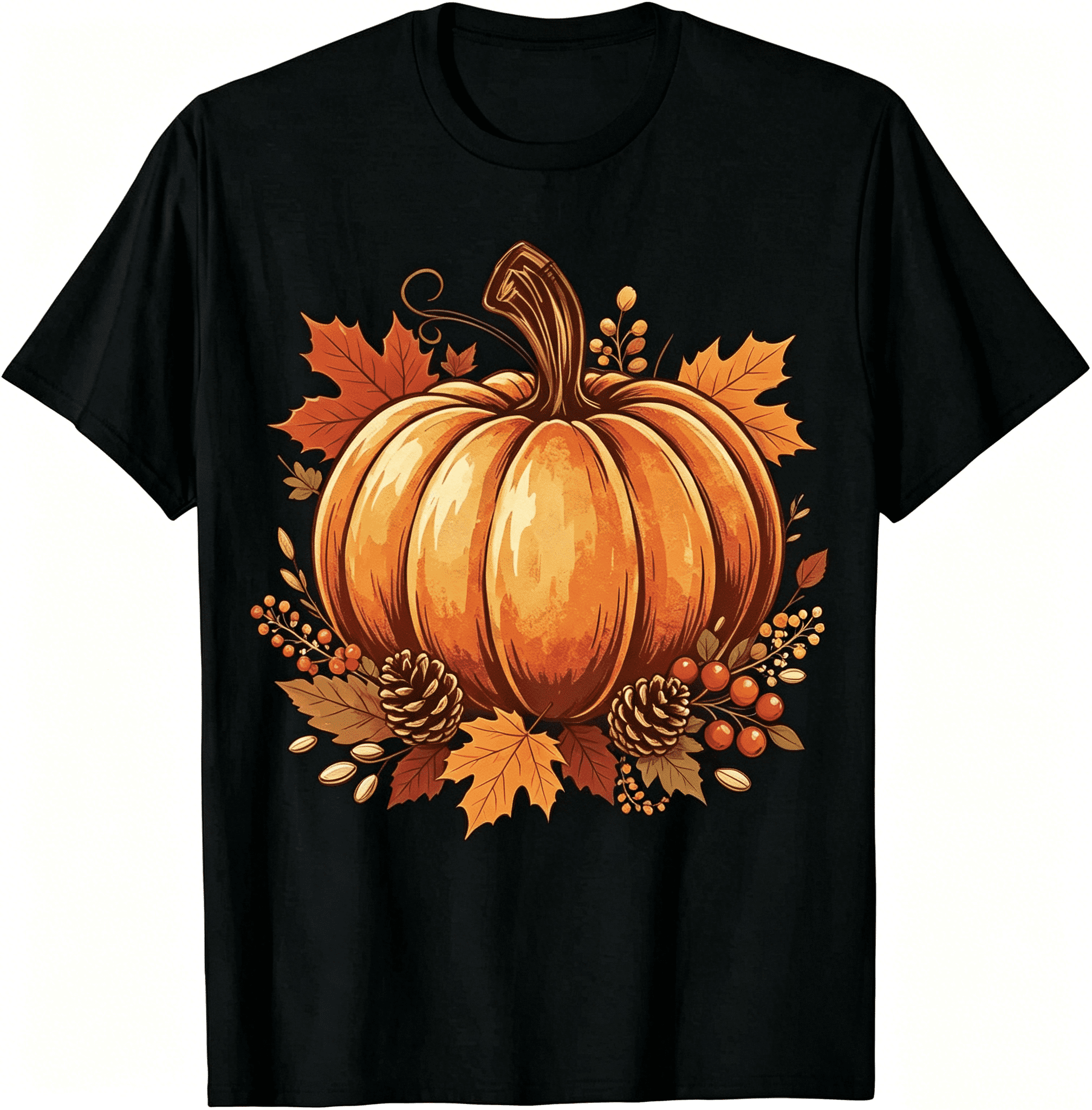 Fall Thanksgiving Pumpkin Maple Leaf Graphic Black Tshirt Unisex Holiday Tee