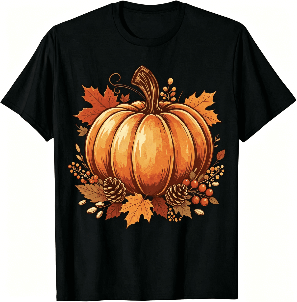Fall Thanksgiving Pumpkin Maple Leaf Graphic Black Tshirt Unisex Holiday Tee