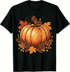 Fall Thanksgiving Pumpkin Maple Leaf Graphic Black Tshirt Unisex Holiday Tee