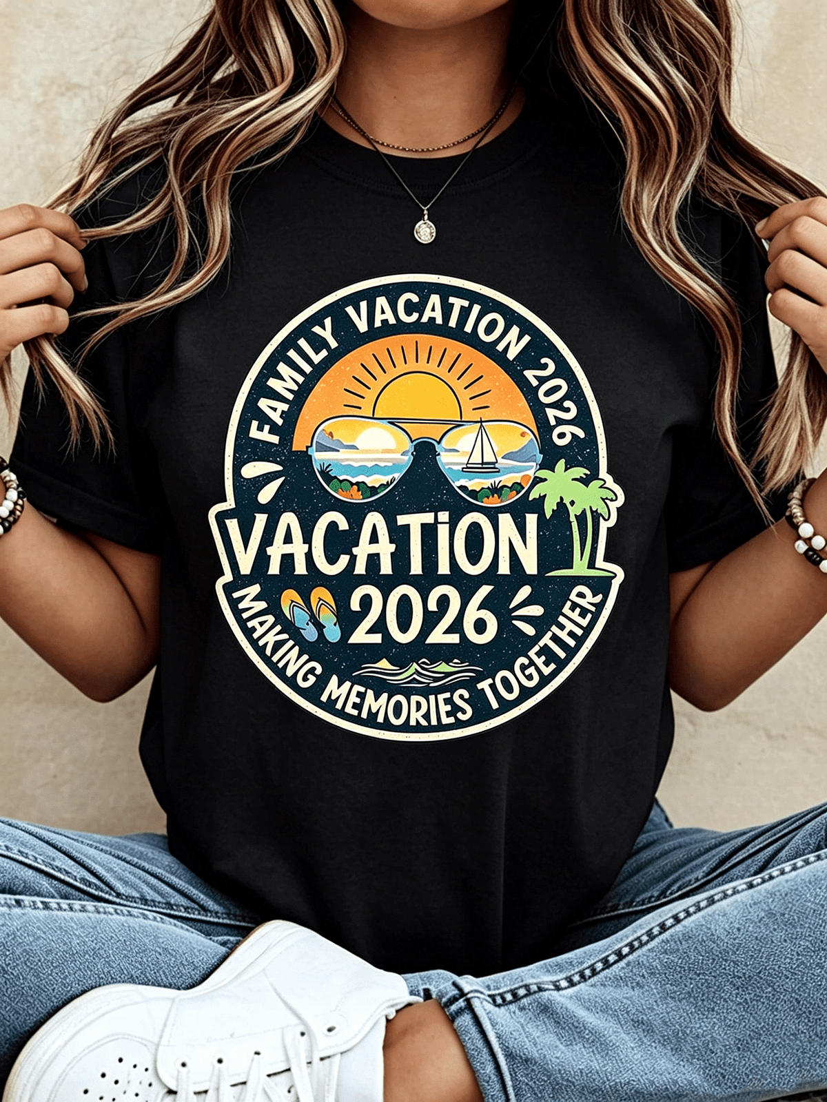 Family Vacation 2026 Making Memories Together Round Badge Matching Tee