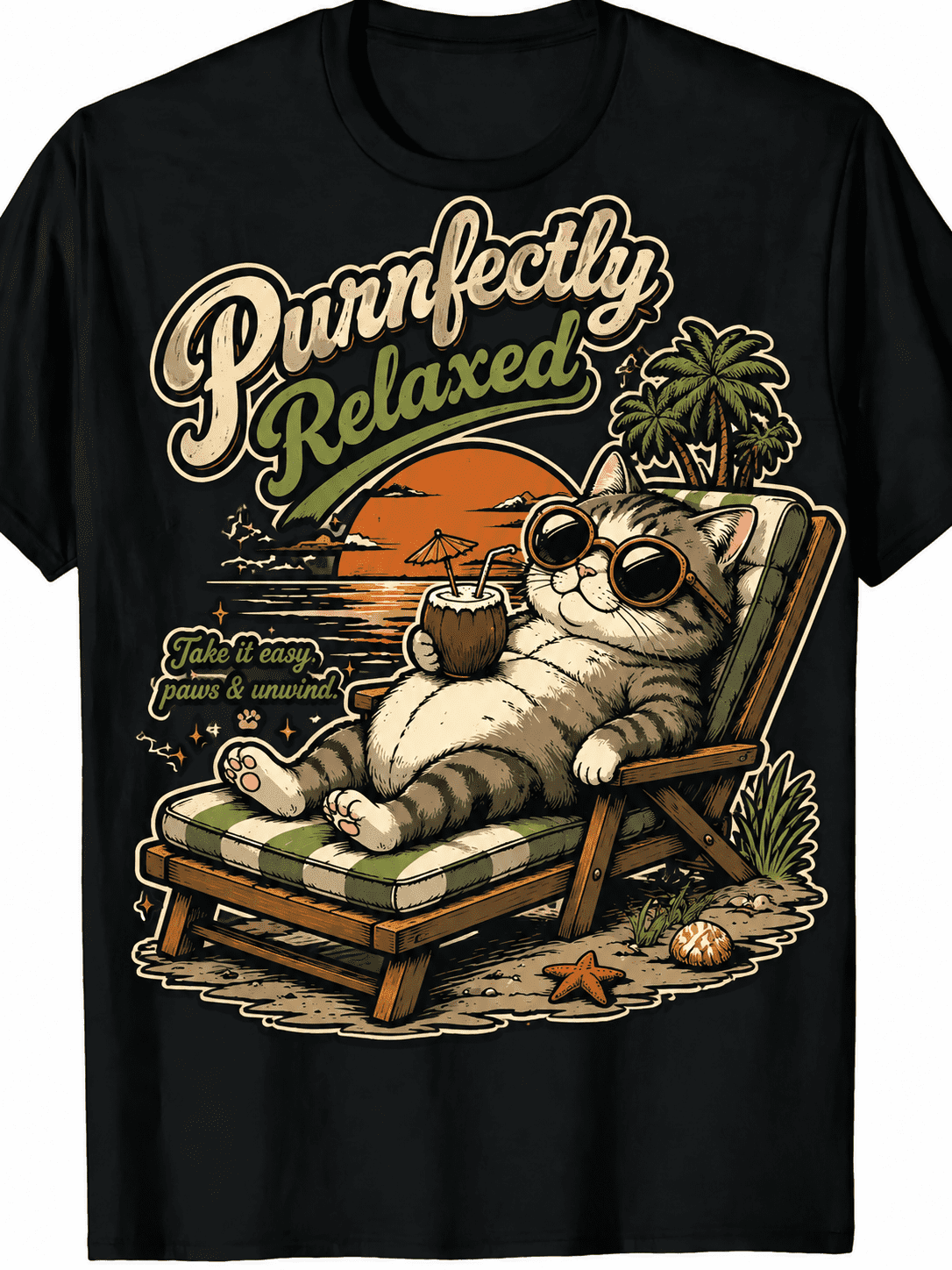 Feline Good Cat Reading Book Glasses Sun Chair Print T-Shirt | Relaxed Fit, Short Sleeve, Casual, Breathable, Soft, Summer Spring Fall Essential - Unique Gift Idea for Men, Humorous Tops